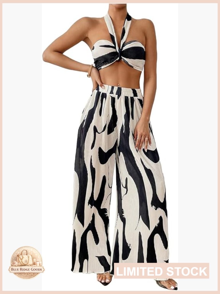 Graphic Print Knitted Crop Halter Top And Wide Leg Pants Set Y2k Vacation Outfit
